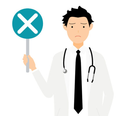Male doctor in white coat holding a crossed out stick
